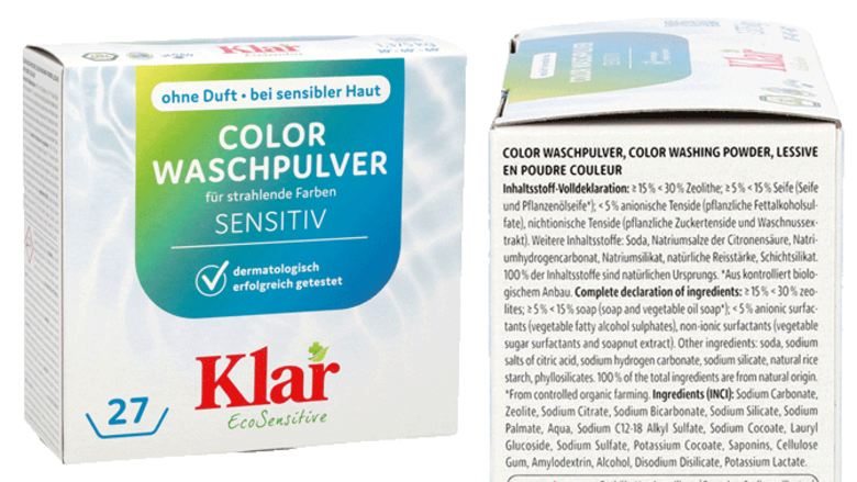 Klar Color Waschmittel Seitenansicht mit Volldeklaration