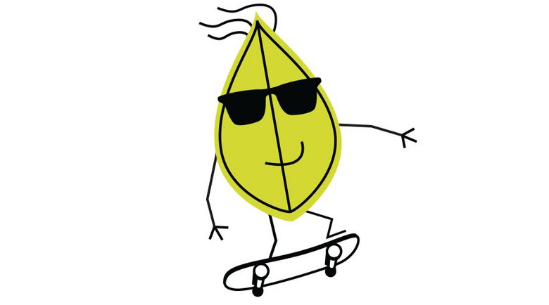 Green leaf man riding a skateboard